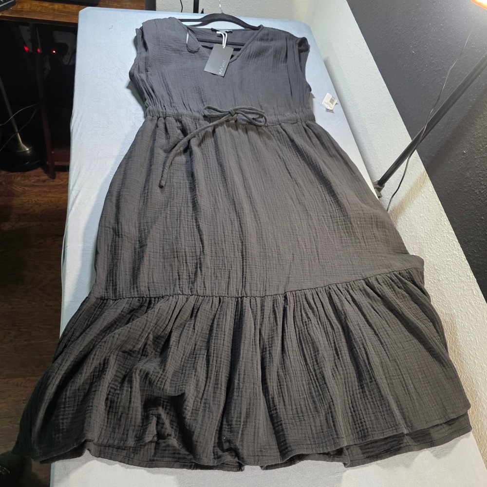 Laurel Grey Charcoal Black 100% Cotton Gauze Tiered V-Neck Midi Dress Medium NWT